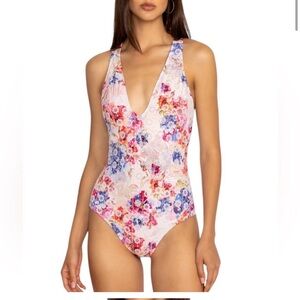 NEW Johnny Was One Piece Swimsuit Summer Days Eyelet Cross Back Floral Sz M